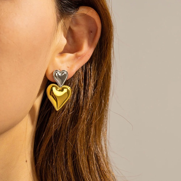 Bicolor Double Heart Earrings*Waterproof*Sweatproof*Tarnish Free - Picture 1 of 6